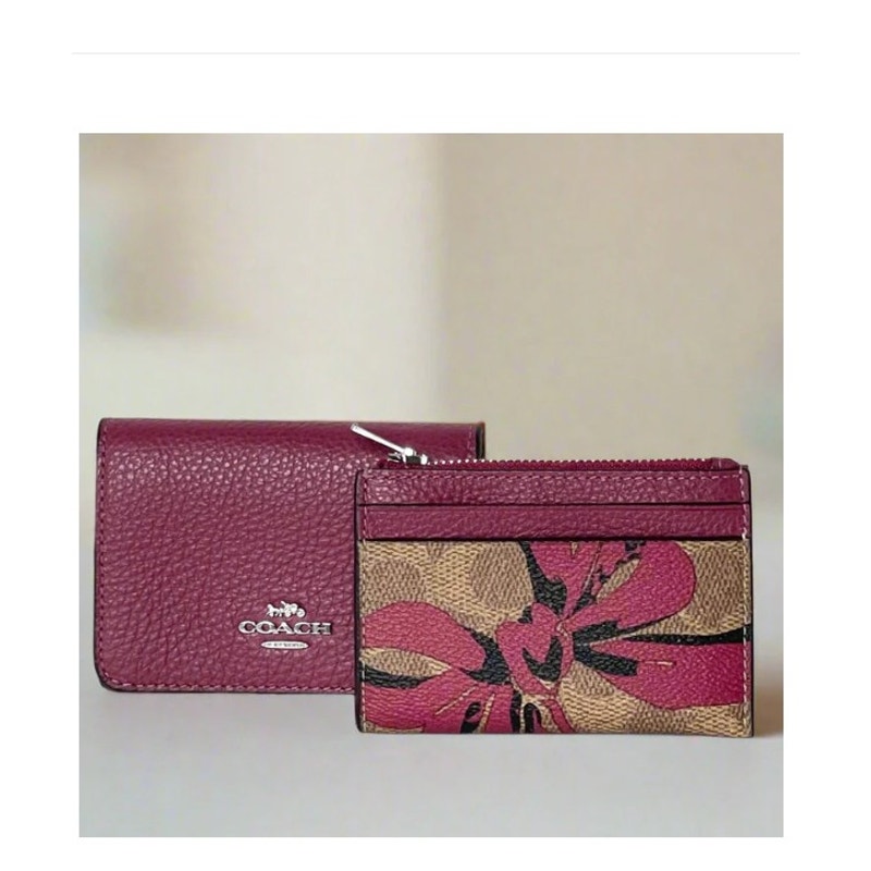 Coach Double Card Holder Mini Wallet Red Bow Signature Canvas Cz447